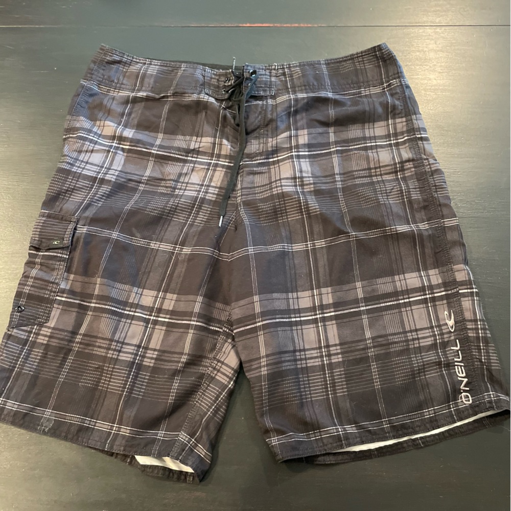 O'Neill Men's Black Plaid Swim Shorts Tie closure w/ hook & Loop Pockets Size 36